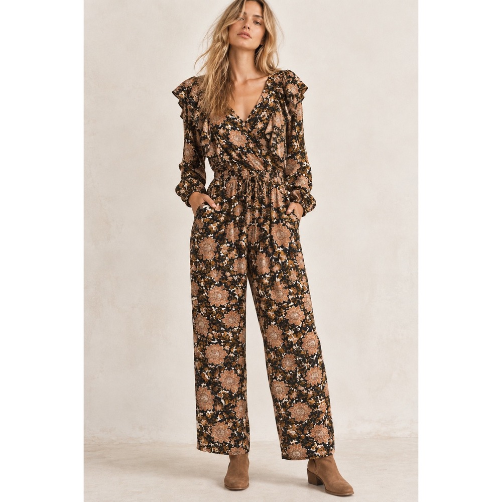 Free People Lux Floral Jumpsuit M Black Brown Ruffle Boho Drawstring